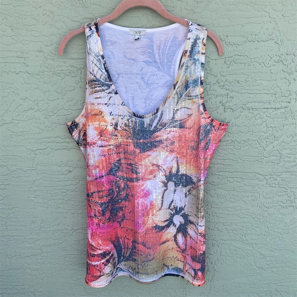 Caché Women's Floral Sequin Sleeveless Tank Top Multicolor Size L